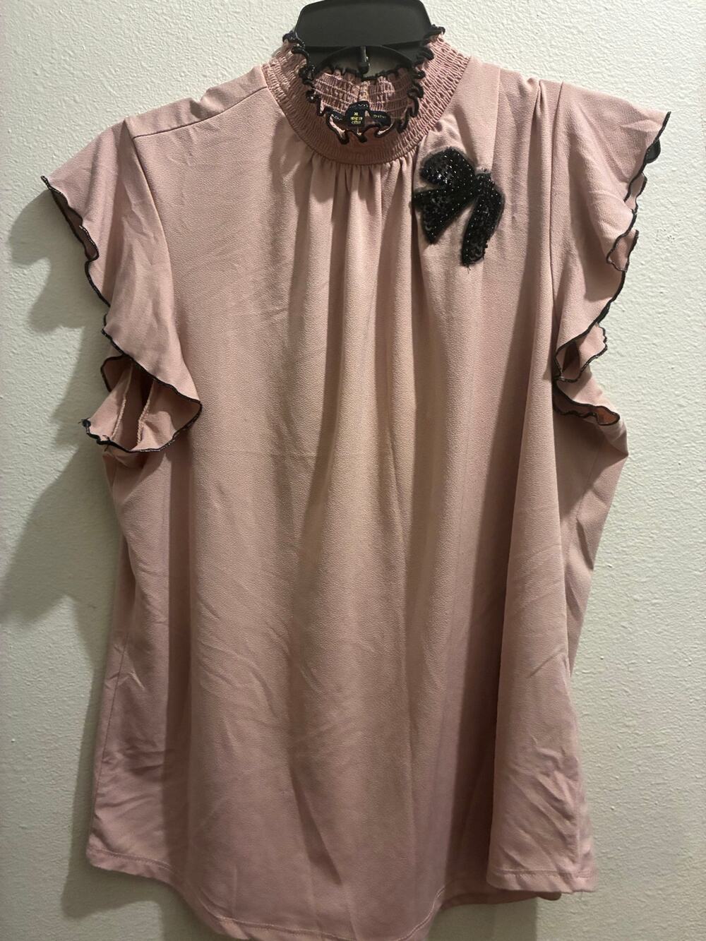 Adrienne Vittadini Ruffle Mock Neck Blouse Pink XL Sequin Applique Cottagecore